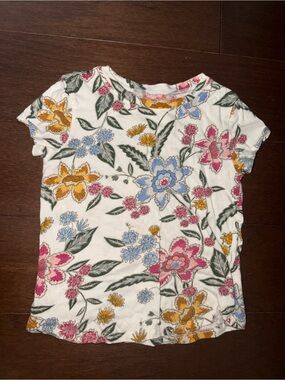 Old Navy White Floral Tee with Pink, Blue & Gold Flowers
